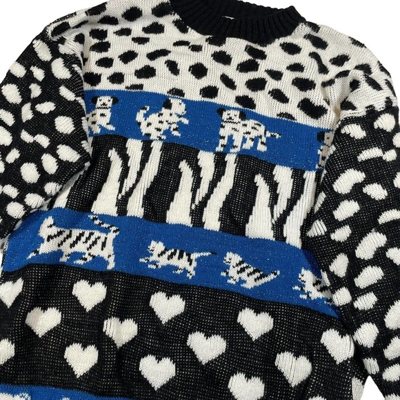 Vintage Abstract Design Sweater Pullover Blue Black 90s USA Knit Large Dog Heart - Picture 2 of 7